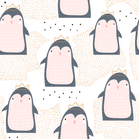 Seamless pattern with cute penguin princess in crown and hand drawn elements. Creative childish texture. Great for fabric, textile.のイラスト素材