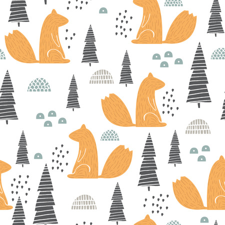 Seamless pattern with squirrel. Creative woodland height detailed background. Perfect for kids apparel, fabric, textile, nursery decoration, wrapping paper.のイラスト素材