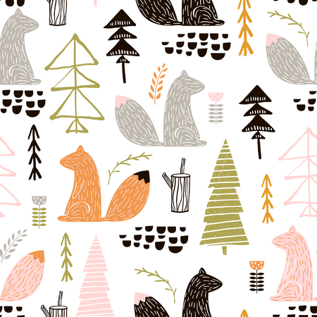Seamless pattern with squirrel, trees. Creative woodland height detailed background. Perfect for kids apparel, fabric, textile, nursery decoration, wrapping paper.のイラスト素材