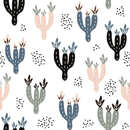 Seamless pattern with cactuses and hand drawn textures.Perfect for fabric,textile.Vector backgroundのイラスト素材