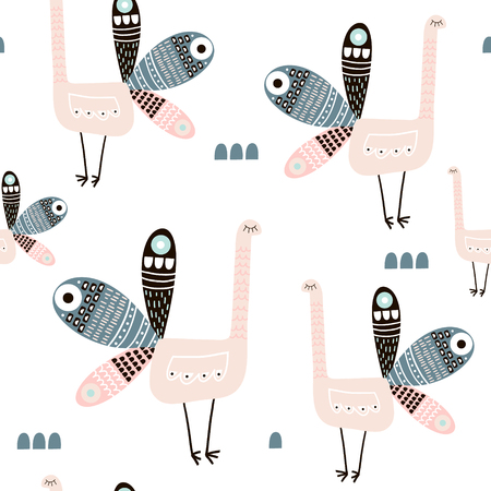 Seamless pattern with creative peacocks. Creative scandinavian modern texture for fabric, wrapping, textile, wallpaper, apparel. Vector illustrationのイラスト素材