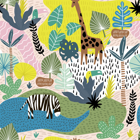 Seamless pattern with giraffe, zebra,tucan, and tropical landscape. Creative jungle childish texture. Great for fabric, textile Vector Illustrationのイラスト素材