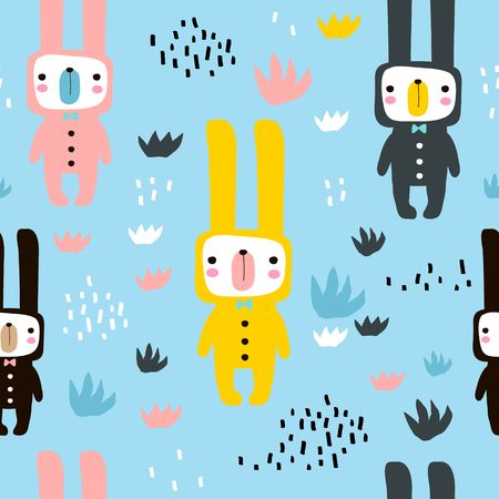 Seamless childish pattern with cute rabbits in rompers. Creative kids texture for fabric, wrapping, textile, wallpaper, apparel. Vector illustrationのイラスト素材