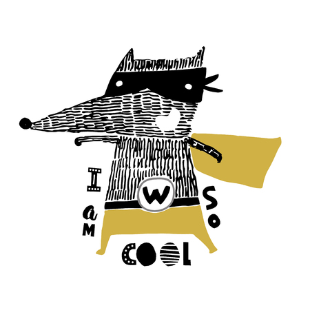 Cute hand drawn with ink wolf hero. Cartoon super hero bear vector illustration in scandinavian styleのイラスト素材