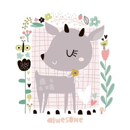 Cute cartoon deer in floral frame in scandinavian style. Childish print for nursery, kids apparel,poster, postcard. Vector Illustrationのイラスト素材