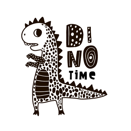 Cute hand drawn dino with lettering. Cartoon super hero bear vector illustration in scandinavian style. Black and white vector apparel printのイラスト素材