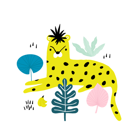 Cute hand drawn leopard in with tropical leaves. Cartoon vector illustration summer illustrationのイラスト素材