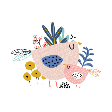 Birds and flowers composition. Floral composition. Vector Illustrationのイラスト素材