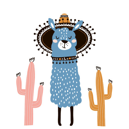 Cute cartoon llama with in tribal style. Childish print for nursery, kids apparel,poster, postcard. Vector Illustrationのイラスト素材