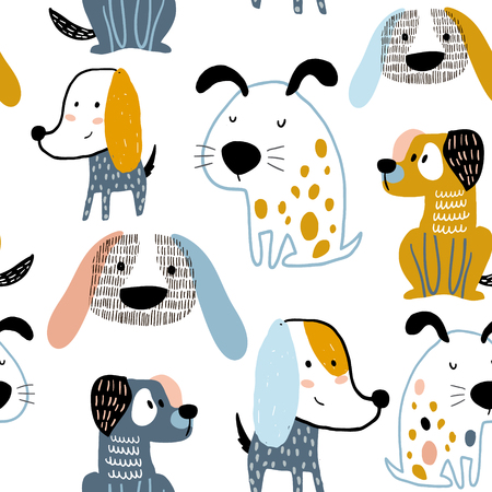 Childish seamless pattern with funny creative dogs. Trendy scandinavian vector background. Perfect for kids apparel,fabric, textile, nursery decoration,wrapping paperのイラスト素材