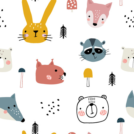 Semless woodland pattern with cute animal faces and hand drawn elements. Scandinaviann style childish texture for fabric, textile, apparel, nursery decoration. Vector illustrationの写真素材