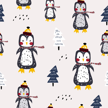 Seamless winter pattern with cute penguins. Creative childish texture. Great for fabric, textile Vector Illustrationのイラスト素材