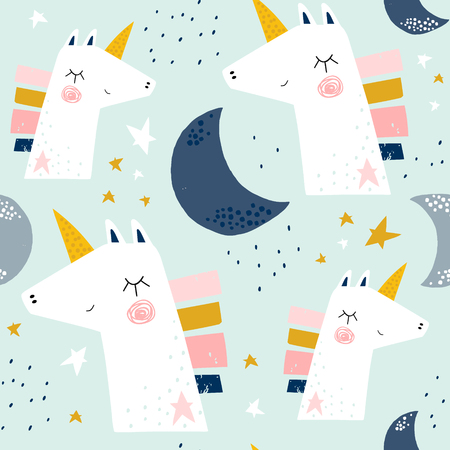 Seamless childish pattern with cute unicorns and moons . Creative scandinavian kids texture for fabric, wrapping, textile, wallpaper, apparel. Vector illustrationのイラスト素材