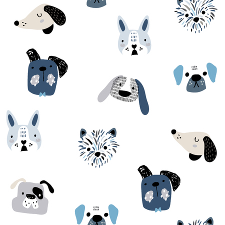 Childish seamless pattern with funny creative dog faces. Trendy scandinavian vector background. Perfect for kids apparel,fabric, textile, nursery decoration,wrapping paperのイラスト素材
