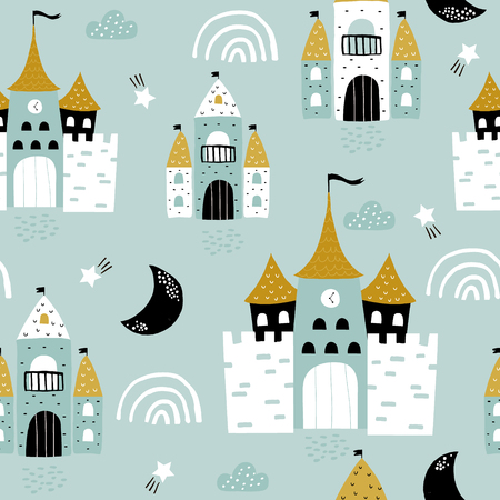 Childish seamless pattern with castle, towers, rainbows in scandinavian style. Creative vector childish background for fabric, textileのイラスト素材
