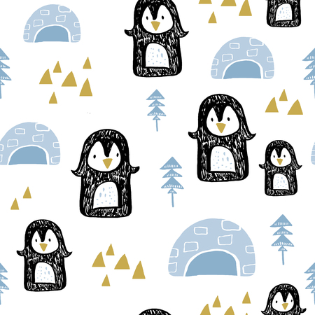 Seamless pattern with penguins in anrarctica. Creative winter childish texture. Great for fabric, textile Vector Illustrationのイラスト素材