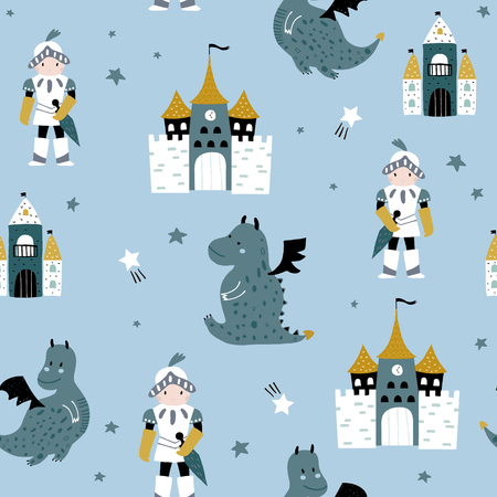 Childish seamless pattern with knight, dragon and castle in scandinavian style. Creative vector childish background for fabric, textileのイラスト素材