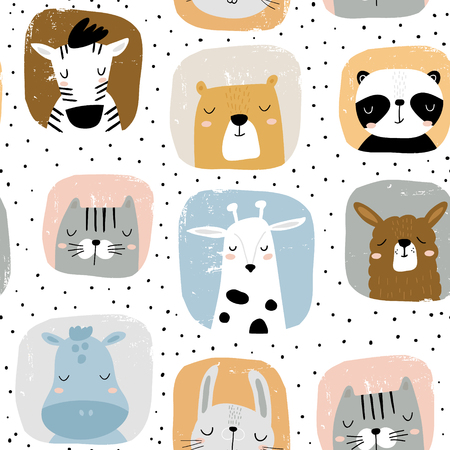 Seamless childish pattern with funny animals portreits . Creative scandinavian kids texture for fabric, wrapping, textile, wallpaper, apparel. Vector illustrationのイラスト素材