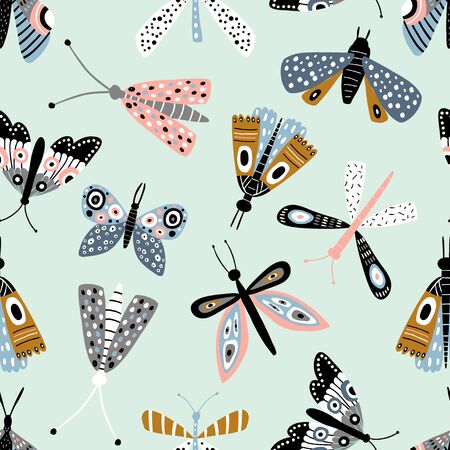 Seamless pattern with colorful butterflies and mothes. Creative mint texture for fabric, wrapping, textile, wallpaper, apparel. Vector illustrationのイラスト素材