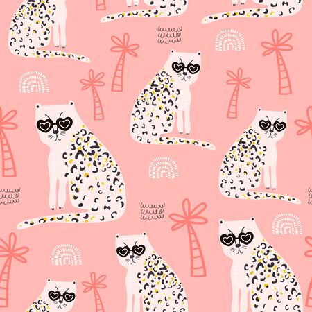 Seamless pattern with hand drawn cheetah. Creative childish trendy texture for fabric, wrapping, textile, wallpaper, apparel. Vector illustrationのイラスト素材