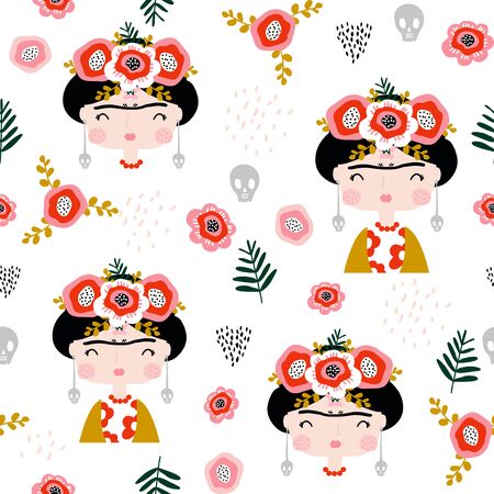 Seamless childish pattern  portrait . Creative kids hand drawn texture for fabric, wrapping, textile, wallpaper, apparel. Vector illustrationのイラスト素材