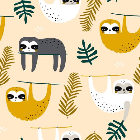 Seamless childish pattern with funny sloths. Creative kids texture for fabric, wrapping, textile, wallpaper, apparel. Vector illustrationのイラスト素材