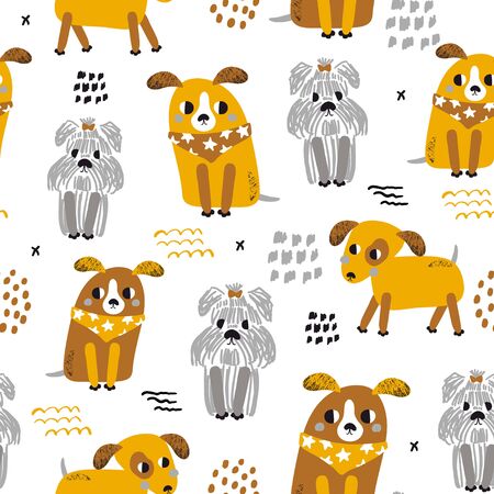 Childish seamless pattern with funny dogs. Trendy scandinavian vector background. Perfect for kids apparel,fabric, textile, nursery decoration,wrapping paperのイラスト素材