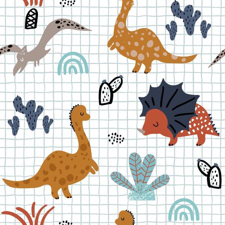Childish seamless pattern with hand drawn dino, palm trees and cactuses in scandinavian style. Creative vector childish background for fabric, textileのイラスト素材