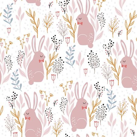 Seamless forest pattern with adorable rabbits in floral elements. Creative forest texture for fabric, wrapping, textile, wallpaper, apparel. Vector illustrationのイラスト素材
