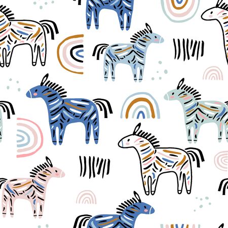 Seamless childish pattern with colorful zebras, rainbows and hand drawn textures. Perfect for fabric,textile. Creative Vector backgroundのイラスト素材