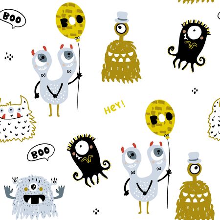 Childish seamless pattern with creative monsters. Funny monsters vector background. Perfect for kids apparel, textile, fabric.のイラスト素材
