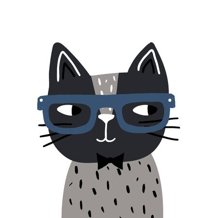 Cute hand drawn with brush cat in glasses childish print. Perfect for t-shirt, apparel, cards, poster, nursery decoration. Vector Illustrationのイラスト素材