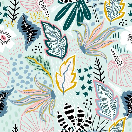 Seamless tropical pattern with hand drawn plants, leaves and exotic flowers. Jungle summer background. Perfect for fabric design, wallpaper, apparel. Vector illustrationのイラスト素材