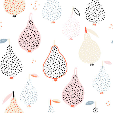 Seamless fruit pattern with creative pears. Abstract summer fruit background. Great for fabric, textile, apparel. Vector illustrationのイラスト素材