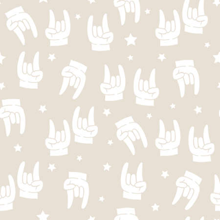 Seamless pattern with hand drawn hands with Cool signs and stars. Retro style vector backgroundのイラスト素材