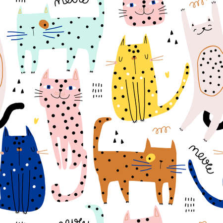 Seamless childish pattern with cute hand drawn polka dot cats. Creative kids hand drawn texture for fabric, wrapping, textile, wallpaper, apparel. Vector illustrationのイラスト素材