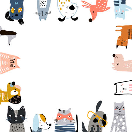 Creative cats and dogs square frame with text place. Vector illustrationのイラスト素材