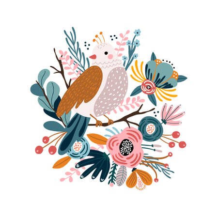 Creative bird on tree branch with floral composition around. Cartoon bird in scandinavian vector illustration .Ready design for greeting card, posters, apparelのイラスト素材