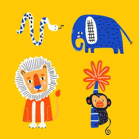 African animals set. Creative wild animals characters clipart. Snake, lion, monkey, elephant vector illustrationのイラスト素材