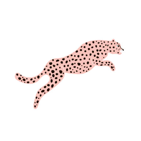 Hand drawn jumping leopard separated on white. Trendy Jungle print. Cartoon vector summer illustrationのイラスト素材