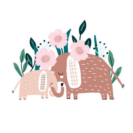 Cute hand drawn elephanst Mom and baby with floral bacground. Cartoon vector illustration in scandinavian styleのイラスト素材