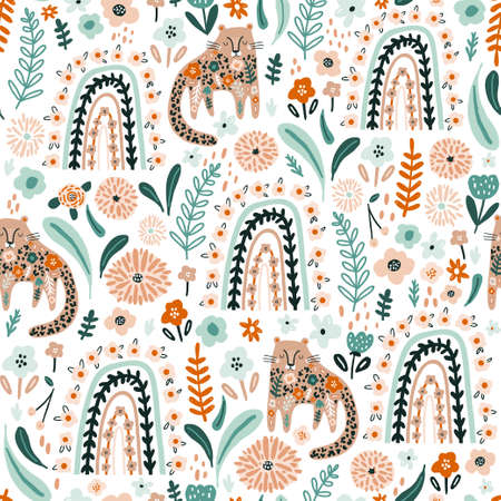 Seamless pattern with floral rainbows and cute cheetah. Creative blooming texture. Great for fabric, textile Vector Illustrationのイラスト素材