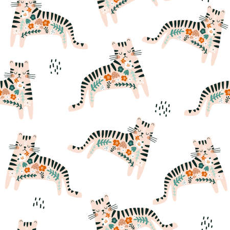 Seamless pattern with cute floral tigers. Creative blooming texture. Great for fabric, textile Vector Illustrationのイラスト素材