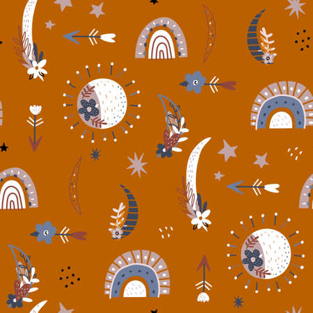 Boho style seamless pattern with hand drawn floral moons, sun, arrows, rainbows and stars. Trendy kids vector background. Perfect for textile, apparel, fabric design.のイラスト素材