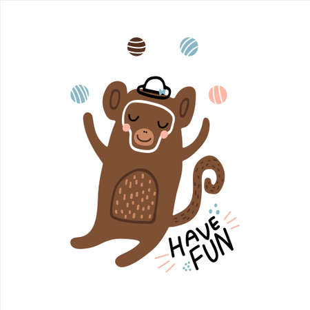 Cute cartoon monkey playing with balls. Childish print for nursery, kids apparel, poster, postcard....