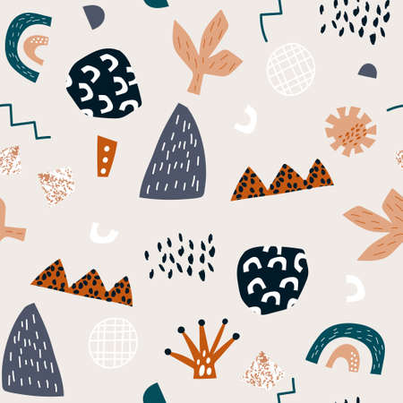 Seamless abstract geometric pattern with hand drawn creative shapes. Modern geometric texture for fabric, textile, digital papers, packaging. Vector illustrationのイラスト素材
