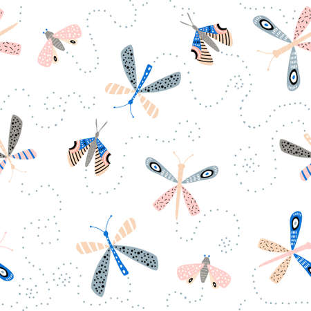 Seamless pattern with flying butterflies, moths scandinavian style. Modern butterfly texture .Vector modern backgroundのイラスト素材