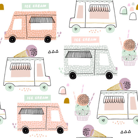 Seamless childish pattern with ice cream trucks. Summer creative texture, Great for fabric, textile, wallpaper.のイラスト素材