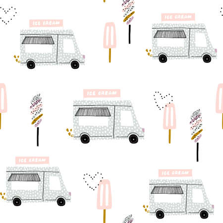 Seamless childish pattern with ice cream trucks. Summer creative texture, Great for fabric, textile, wallpaper.のイラスト素材