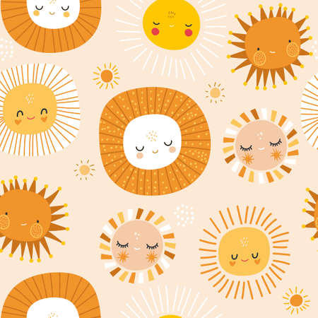 Seamless patterns with funny sun characters. Childish summer background. Perfect for fabric,...
